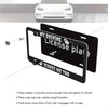 A black aluminum license plate frame with a humorous design is shown alongside instructions for installation.