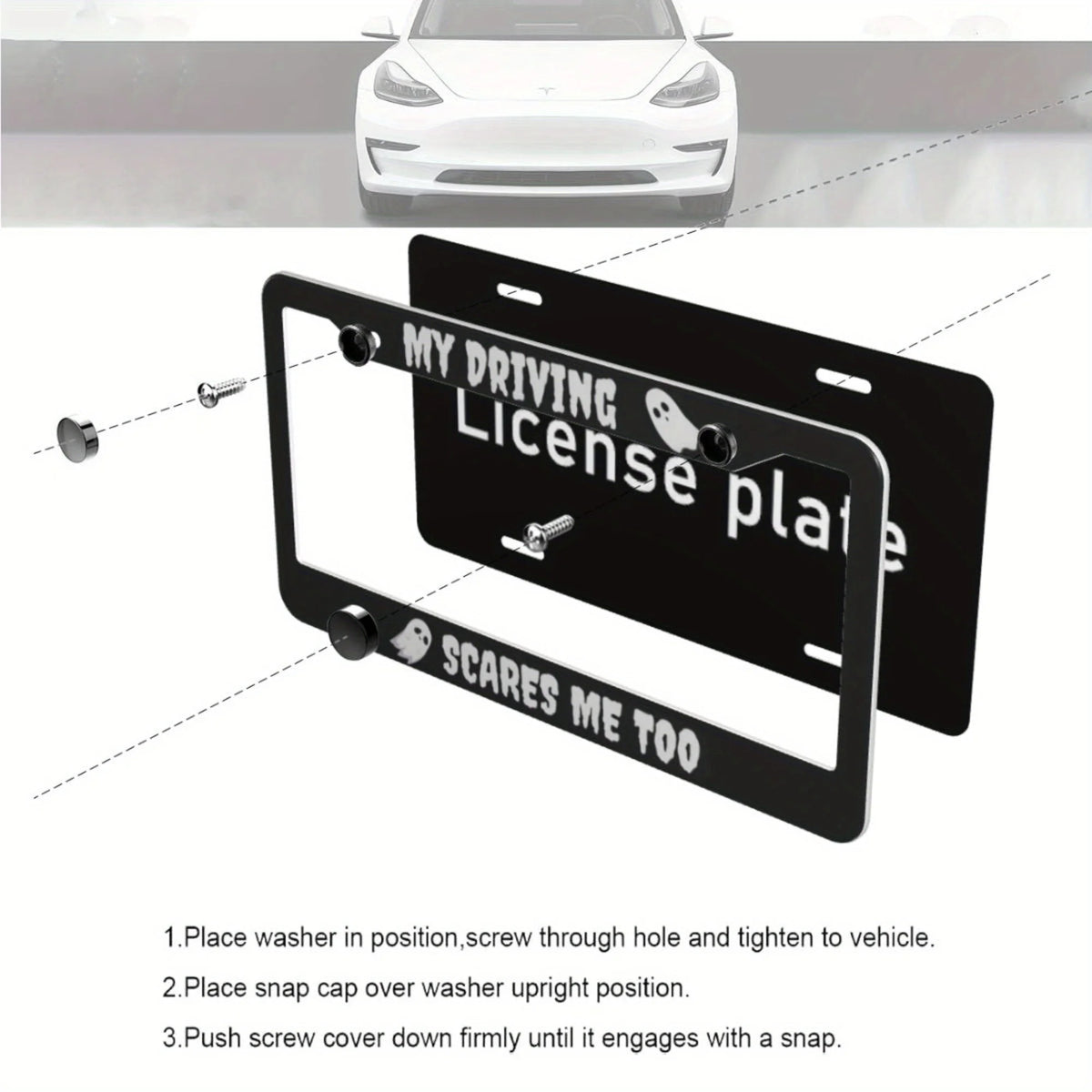 A black aluminum license plate frame with a humorous design is shown alongside instructions for installation.