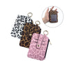 A pink leopard print PU leather card holder with a coin pocket and keychain, shown next to a zoomed-in view.