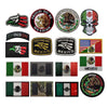 A collection of tactical patches featuring Mexican flag designs, an eagle skull, and various national symbols.