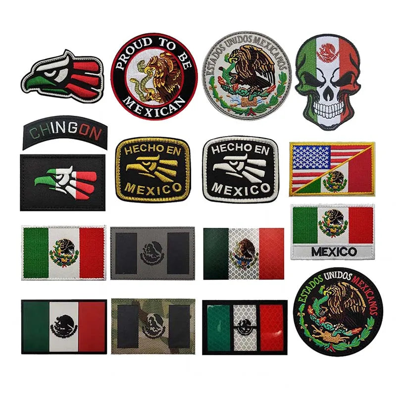 A collection of tactical patches featuring Mexican flag designs, an eagle skull, and various national symbols.