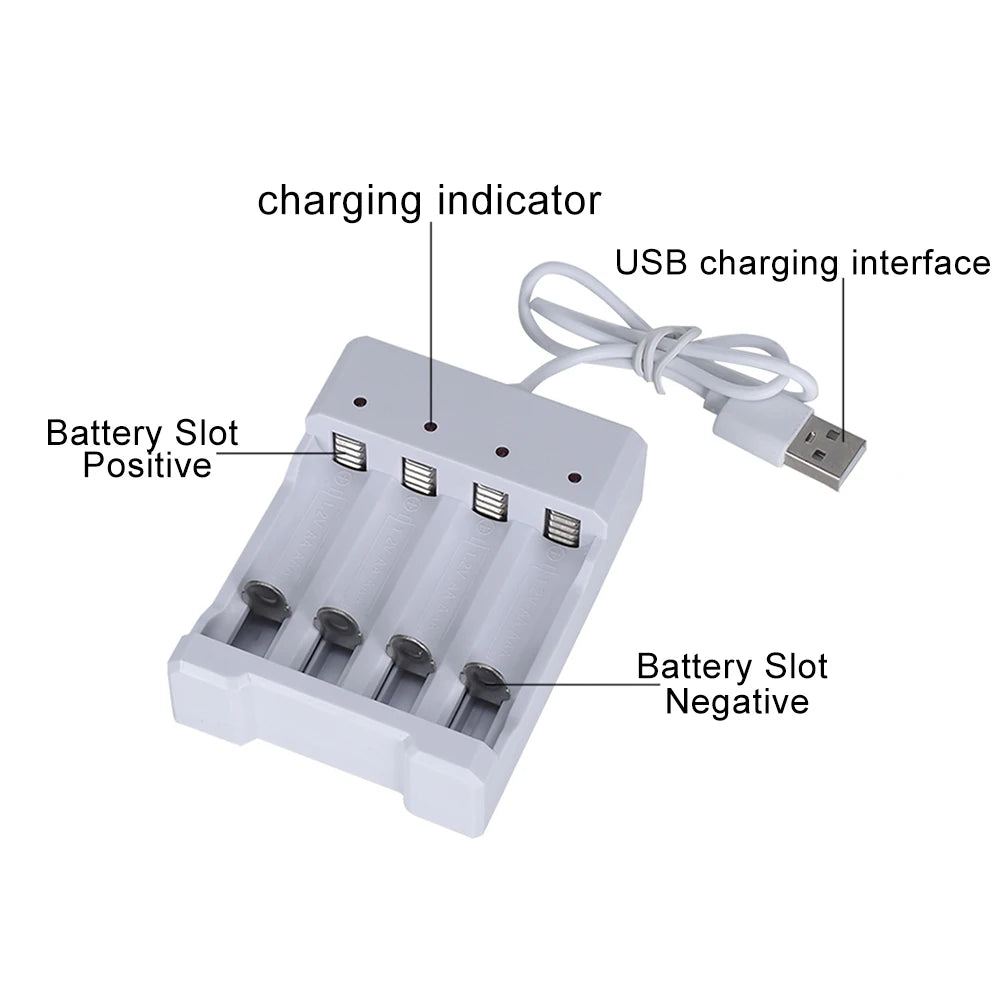 A white battery charger module showing positive and negative battery slots, a charging indicator, and a USB charging interfac