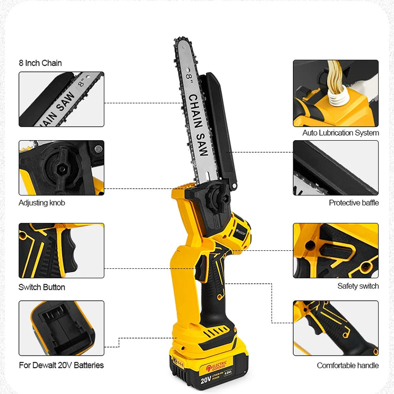 Yellow cordless chainsaw with an 8 inch chain, featuring an adjusting knob, switch button, and battery compartment.