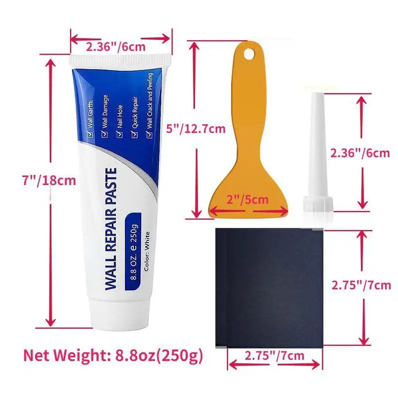 White wall repair paste with a scraper and sandpaper shown next to its dimensions.