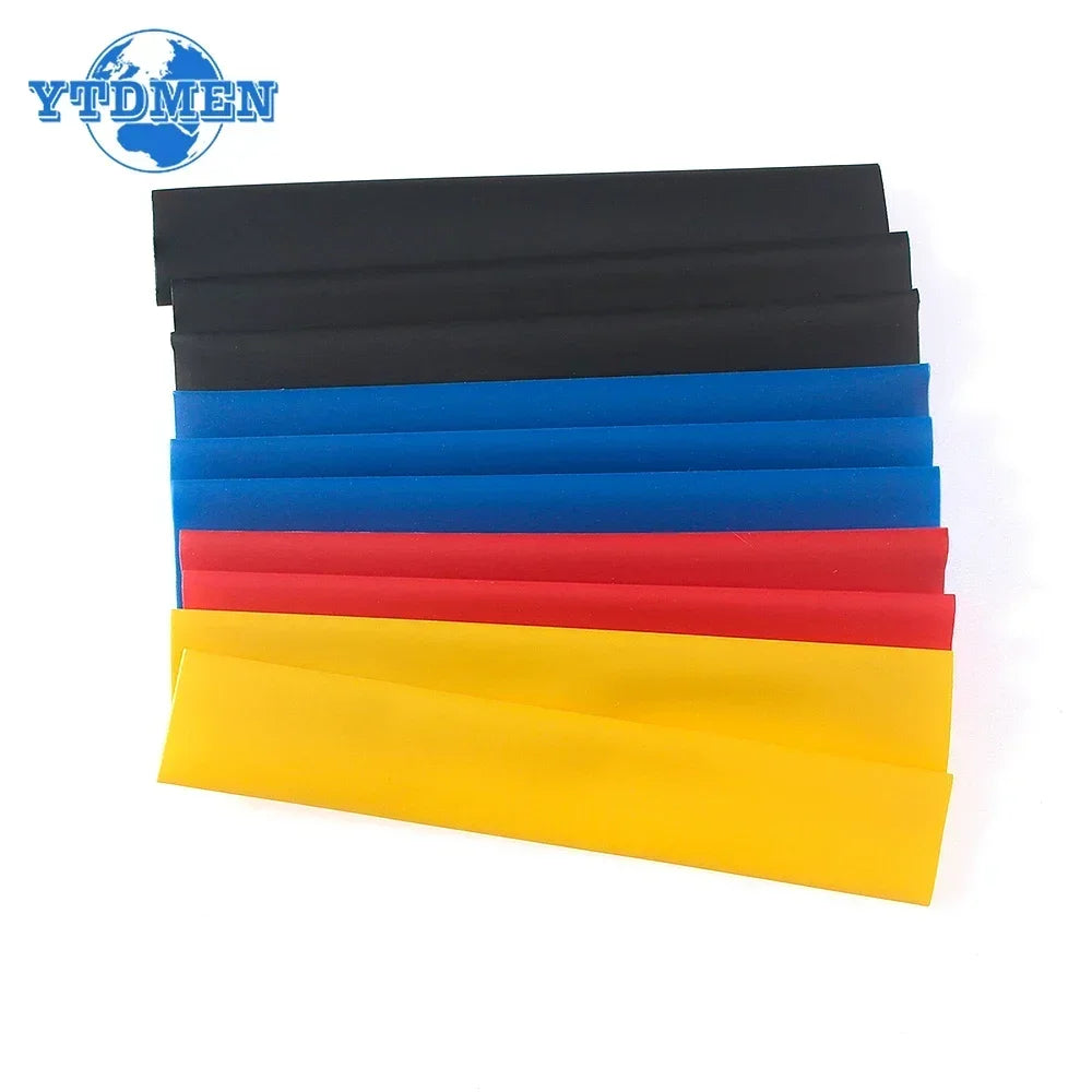 A multipack of heat shrink tubing in various colors, including black, blue, red, and yellow.
