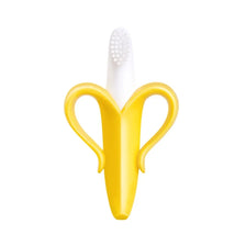 Yellow banana-shaped silicone baby teether and training toothbrush