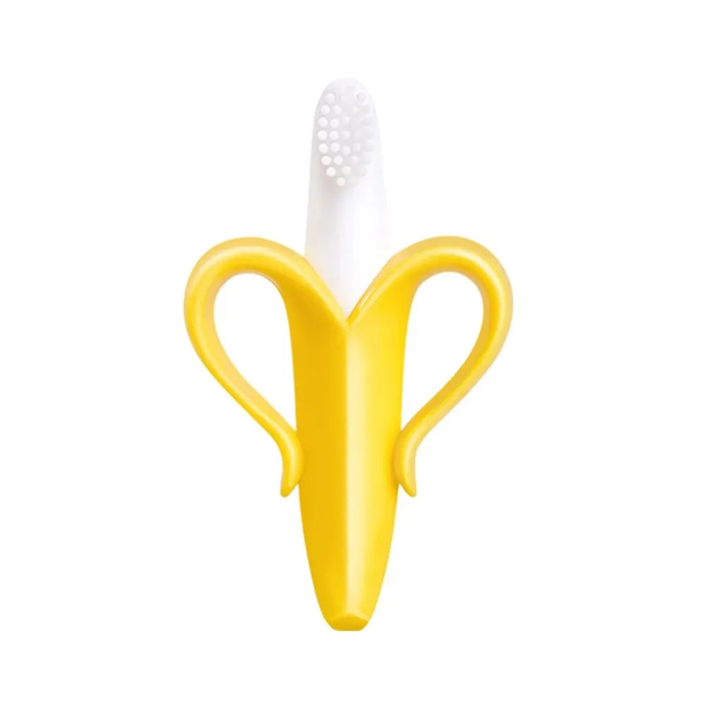 Yellow banana-shaped silicone baby teether and training toothbrush