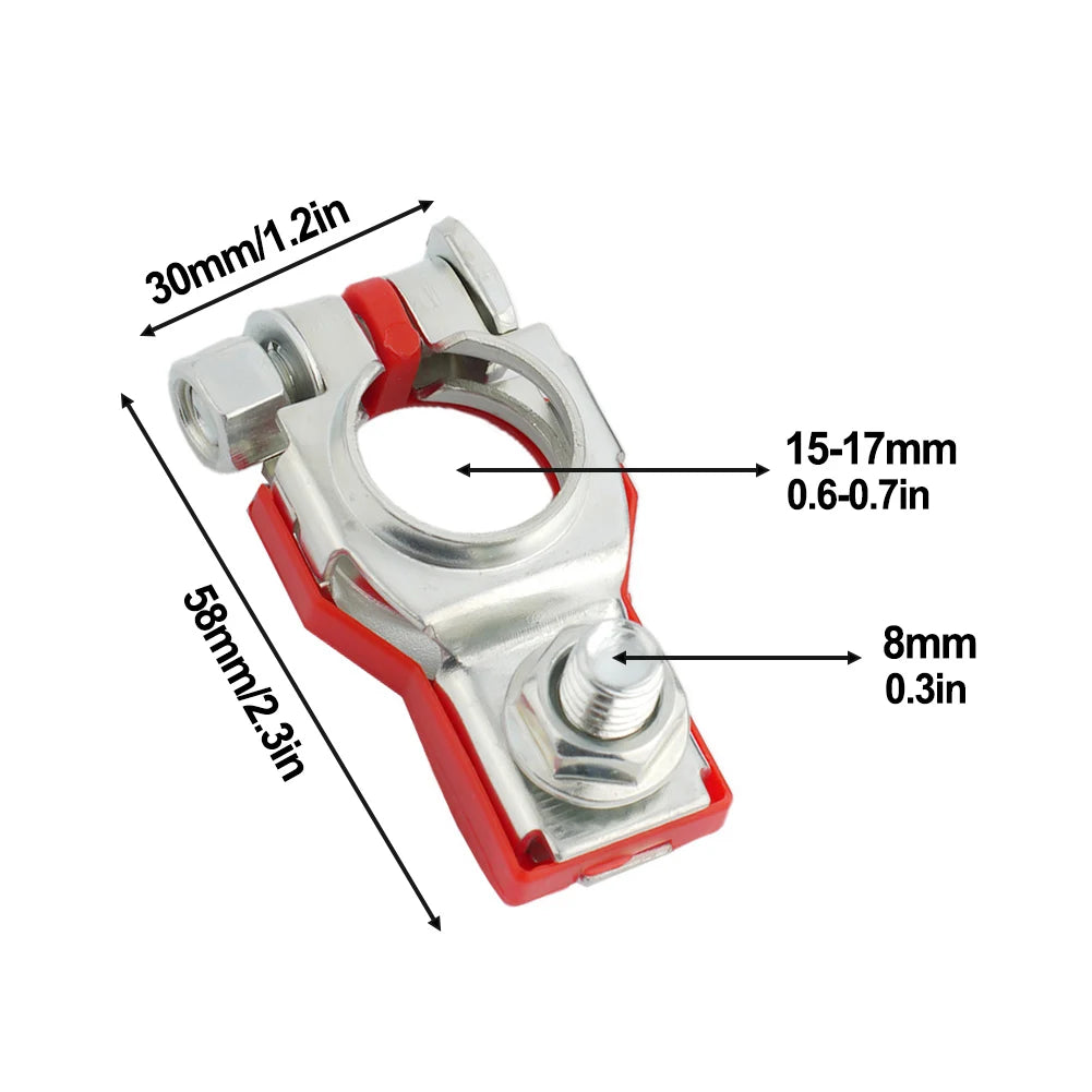 A close-up view of a quick-release copper car battery terminal clamp in red and silver metal.