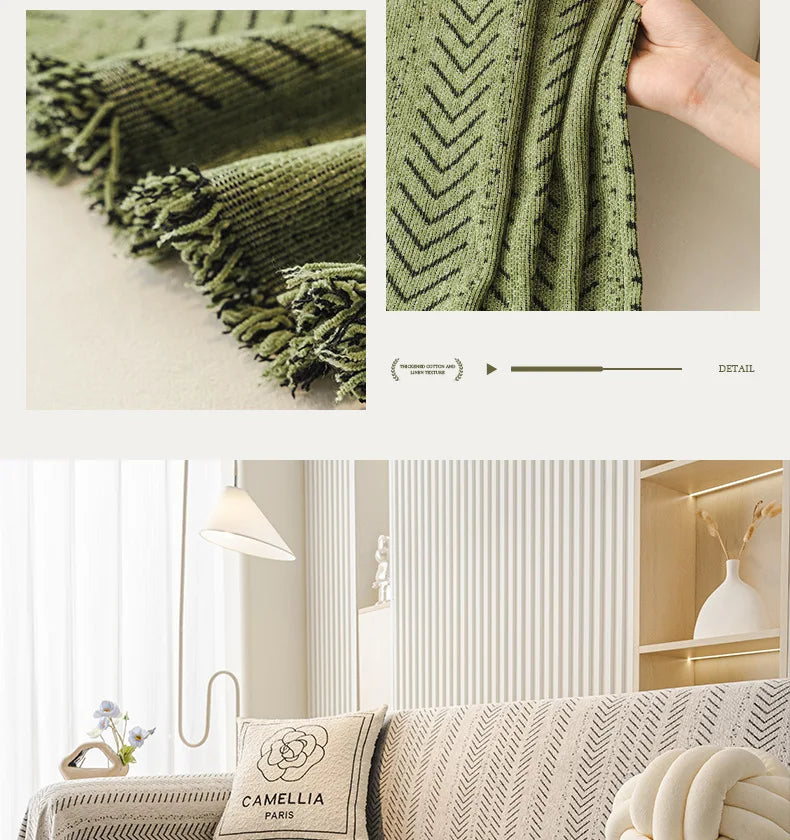 Nahaufnahme einer moosgrünen Strickdecke mit eleganter Fischgrätenmustertextur.