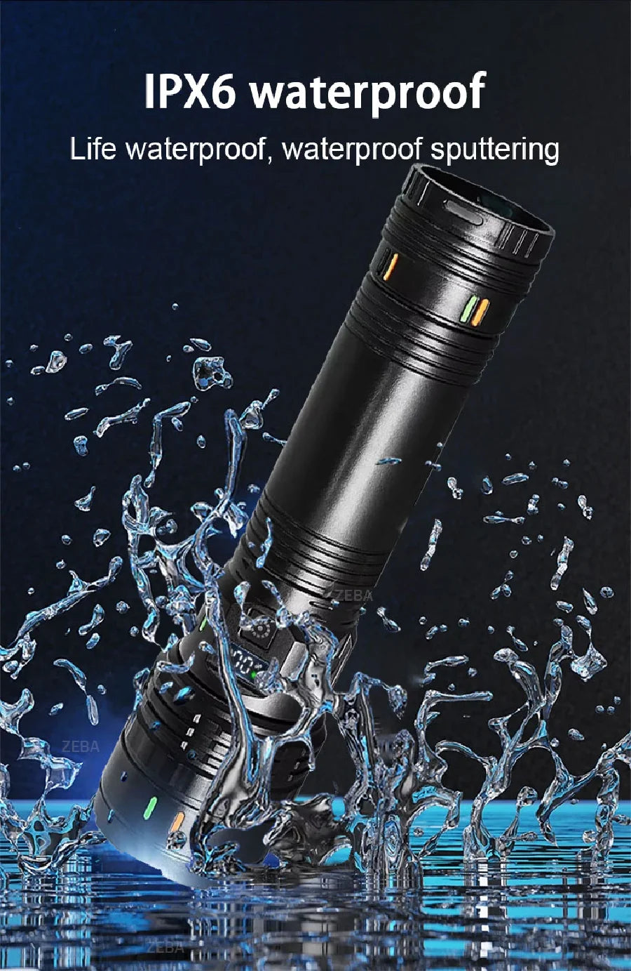 A black LED flashlight is shown being tested for waterproof durability, with water splashing around it.