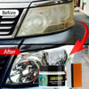 Before and after comparison of headlight restoration paste on a car's headlight lens.