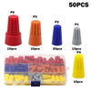 A collection of color-coded twist-on wire connectors in various sizes and quantities, including red, orange, blue, gray, and 