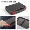 A black tool box with a lock, shown from above and an open view of the lid.