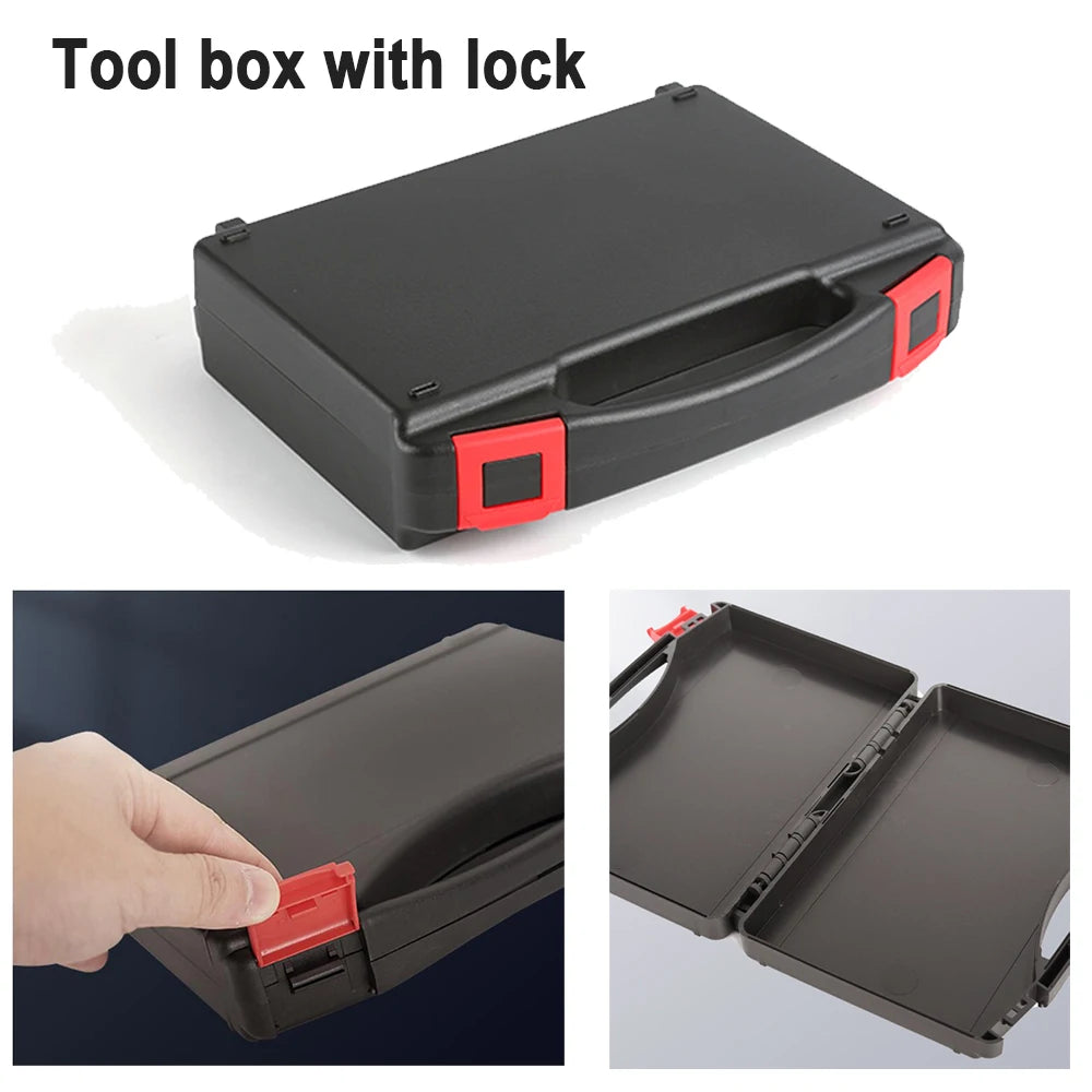 A black tool box with a lock, shown from above and an open view of the lid.