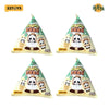 Four blind box figures of a panda character in various packaging designs