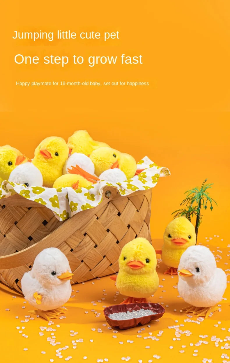 A pile of yellow and white chick toys is displayed on a wooden surface with small white seeds.