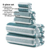 A six-piece set of soft absorbent quick-dry bath towels in light blue and white stripes.
