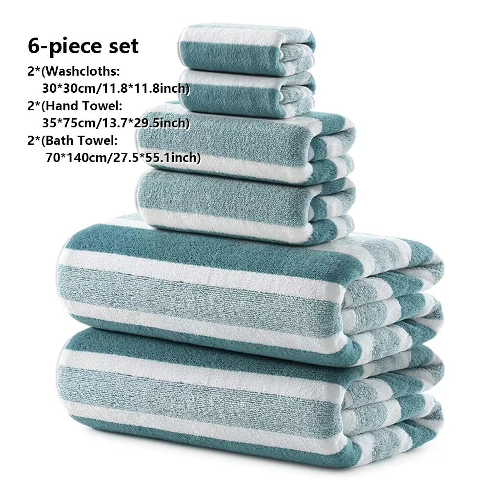 A six-piece set of soft absorbent quick-dry bath towels in light blue and white stripes.