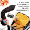 A black travel pillowcase organizer with a yellow knitted sweater and brown shoes inside a suitcase.