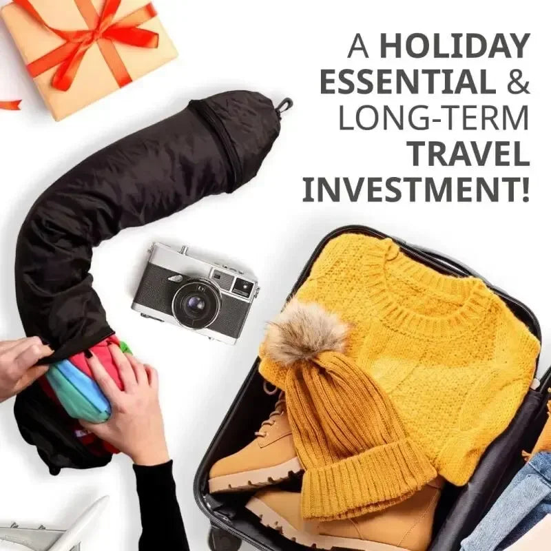 A black travel pillowcase organizer with a yellow knitted sweater and brown shoes inside a suitcase.