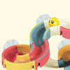 A colorful bath time duck slide toy set for toddlers showing various parts of the plastic toy.