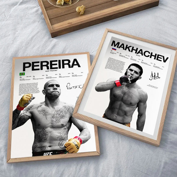 Framed canvas wall art featuring a muscular fighter with a mouthguard and tattoos, titled Makhachev.
