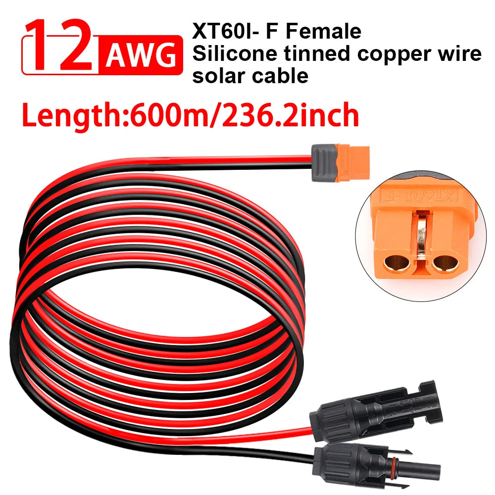 A coil of red and black silicone tinned copper wire solar cable XT60I-F female for solar panel to battery pack adapter.