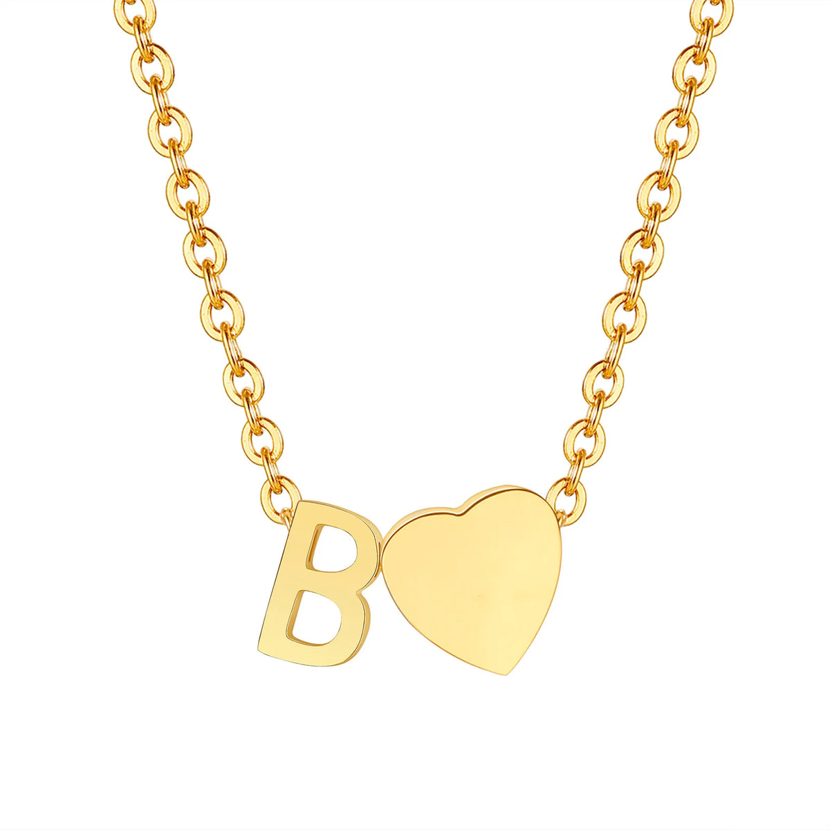 A delicate gold chain necklace featuring a letter B charm and a heart pendant.