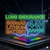 Neon sign displaying Long Endurance 500mAh Lithium Battery 44H Range on a gaming mouse charging base