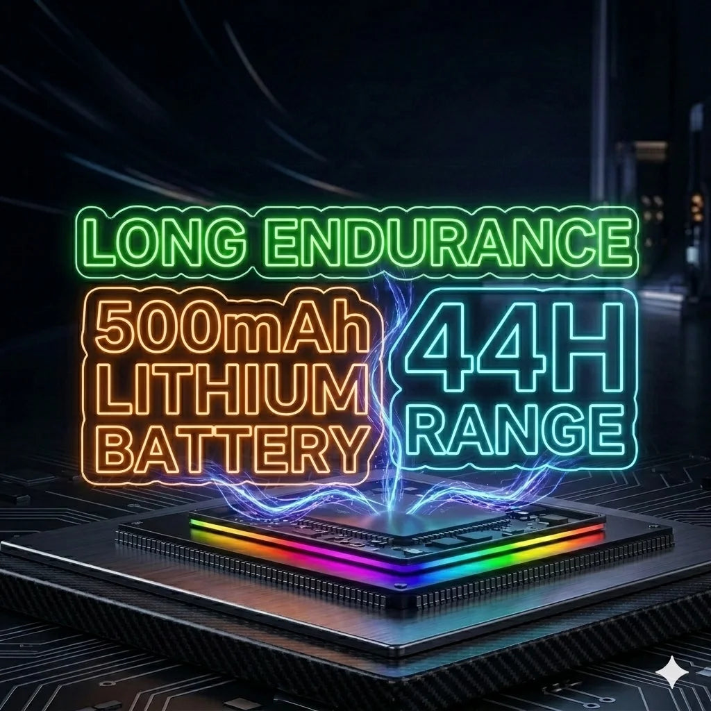 Neon sign displaying Long Endurance 500mAh Lithium Battery 44H Range on a gaming mouse charging base