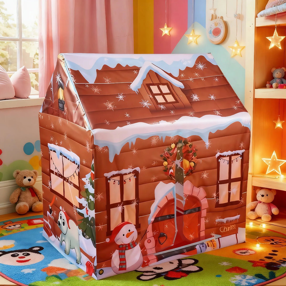A brown cardboard play castle tent with a pitched roof and window details, displayed on a colorful rug.