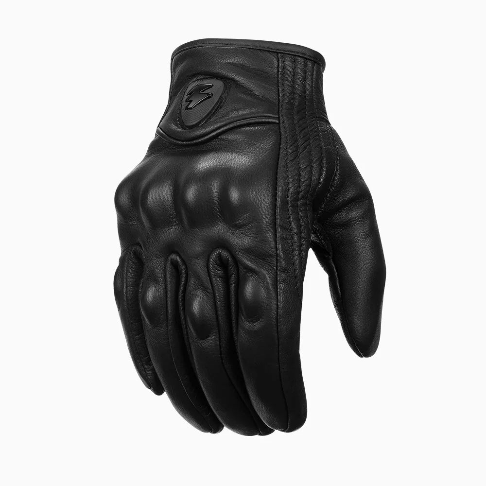 Black leather motorcycle gloves with a silver lightning bolt emblem