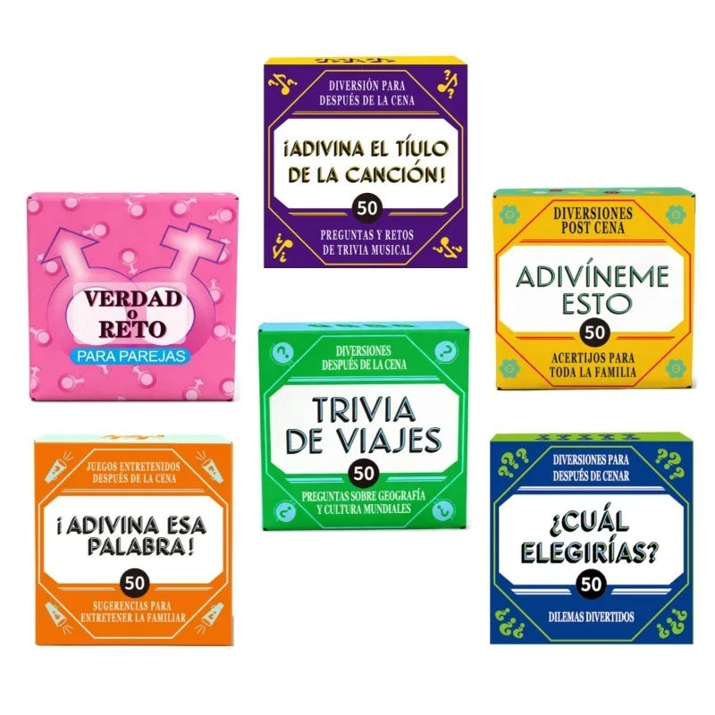A collection of five colorful Spanish card games for parties and families