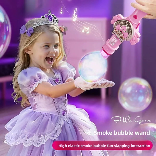 A young girl in a purple dress is playing with an LED animal bubble wand.