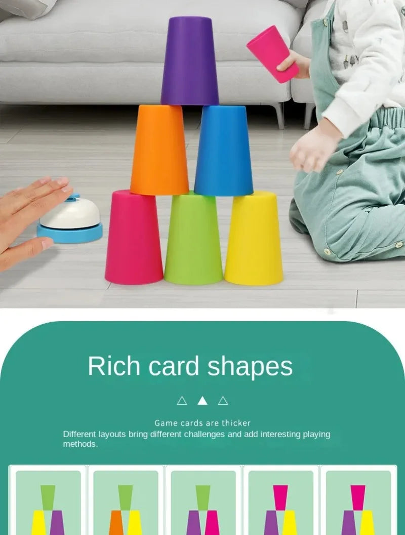 A colorful stack of card shapes in various shades of orange, purple, blue, and green used for a Montessori game.