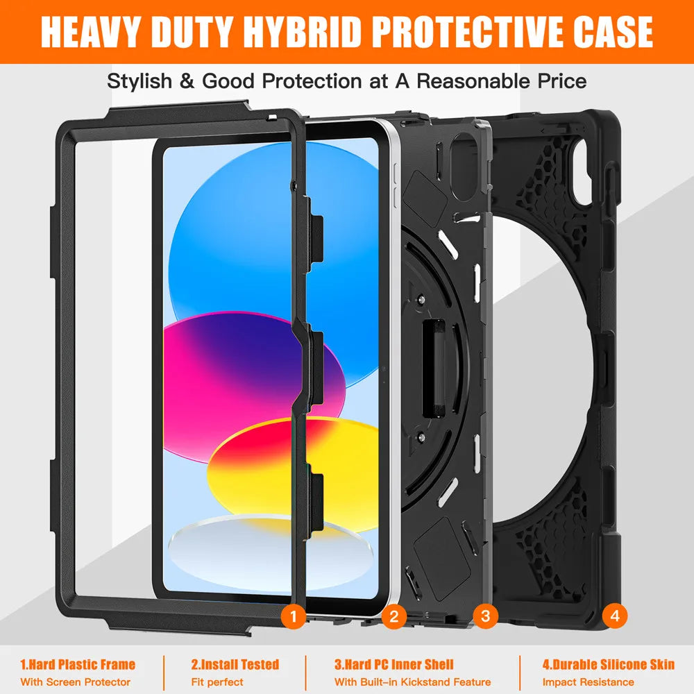 A heavy duty hybrid protective case for an iPad featuring a plastic frame, tested components, inner shell, and silicone skin.