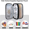 Kids' school supplies organizer pouch showing pencils, erasers, and markers inside