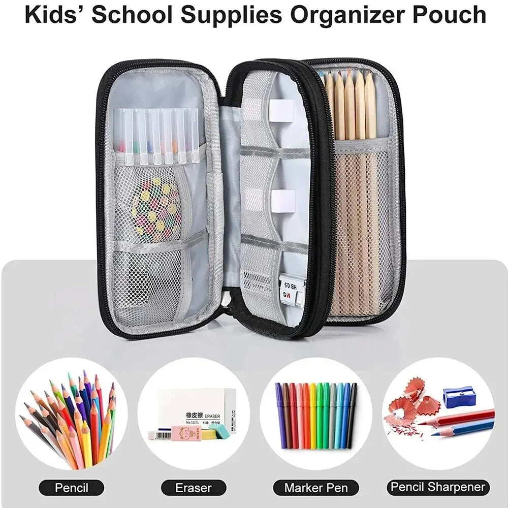 Kids' school supplies organizer pouch showing pencils, erasers, and markers inside