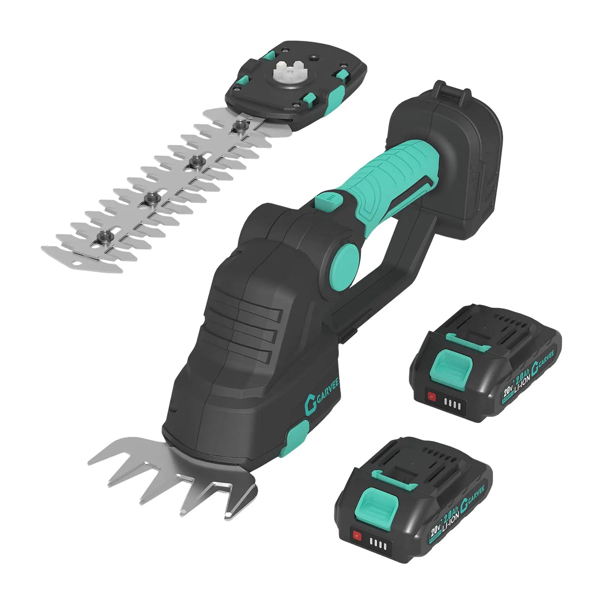 A black and teal cordless grass shear and hedge trimmer tool with attachments and batteries.