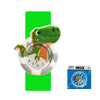 A green dinosaur shaped digital watch with a white silicone band and a green background.