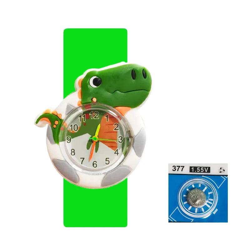 A green dinosaur shaped digital watch with a white silicone band and a green background.