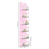 A tall pink over-the-door hanging organizer with clear compartments displaying various small plants and greenery.