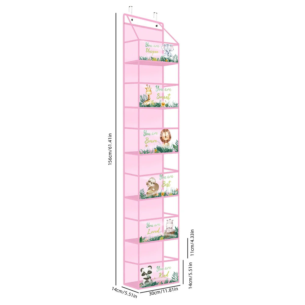 A tall pink over-the-door hanging organizer with clear compartments displaying various small plants and greenery.