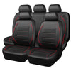 A full set of black leather car seat covers for a front seat and a back seat.