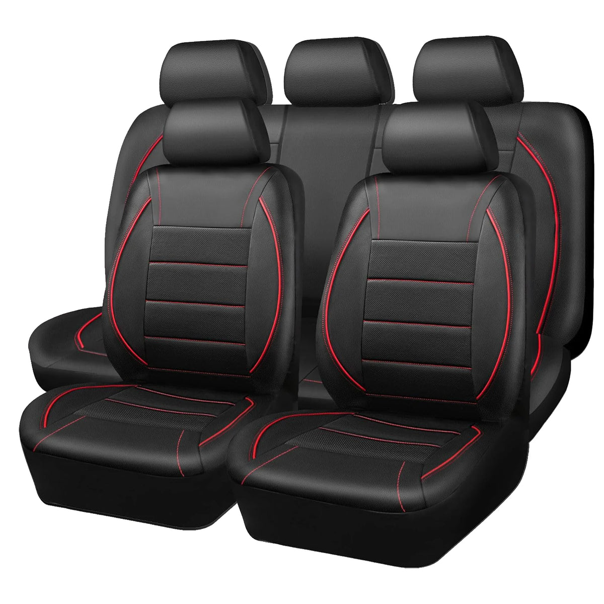 A full set of black leather car seat covers for a front seat and a back seat.