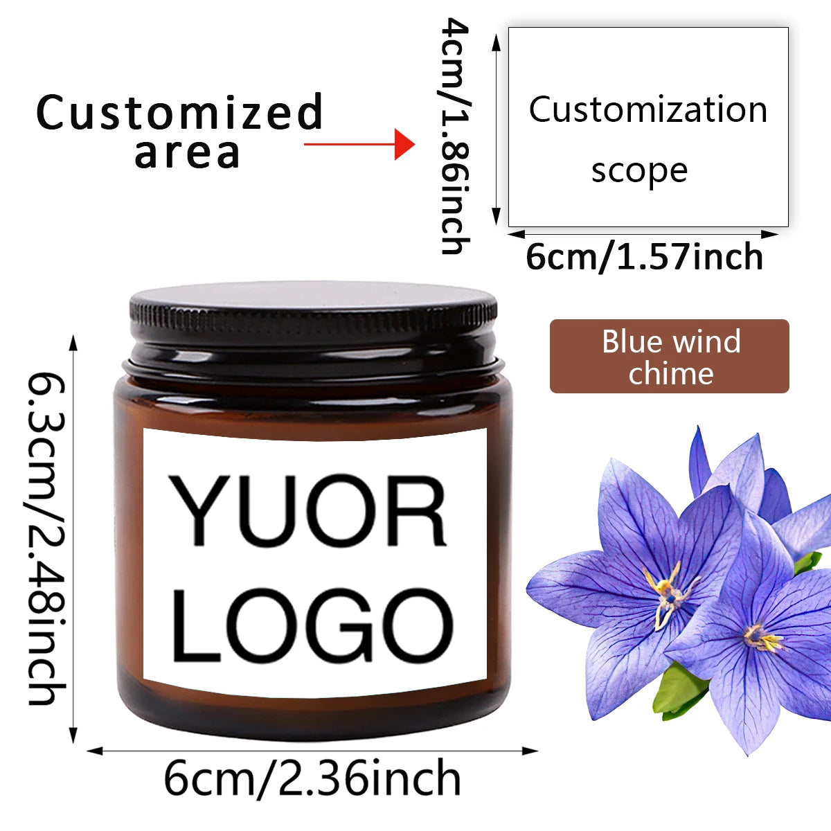 A dark glass jar with a custom logo label and blue wind chime decoration.
