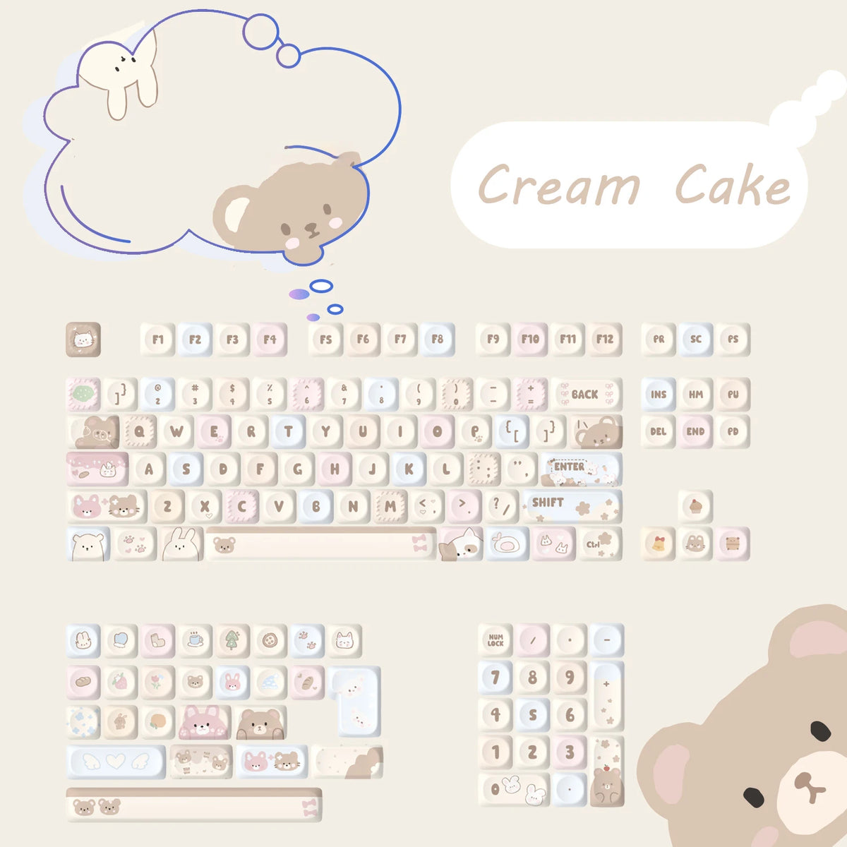 A collection of light pink and beige PBT keycaps for a mechanical keyboard, including a full set and separate groupings.