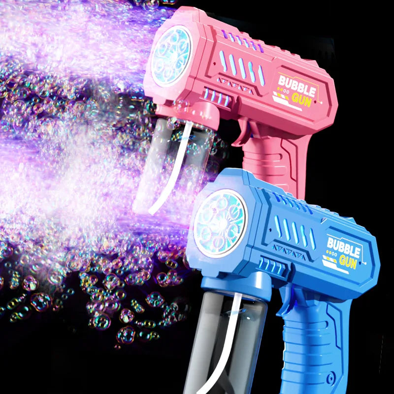A pink bubble gun and a blue bubble gun are shown firing bubbles against a dark background.