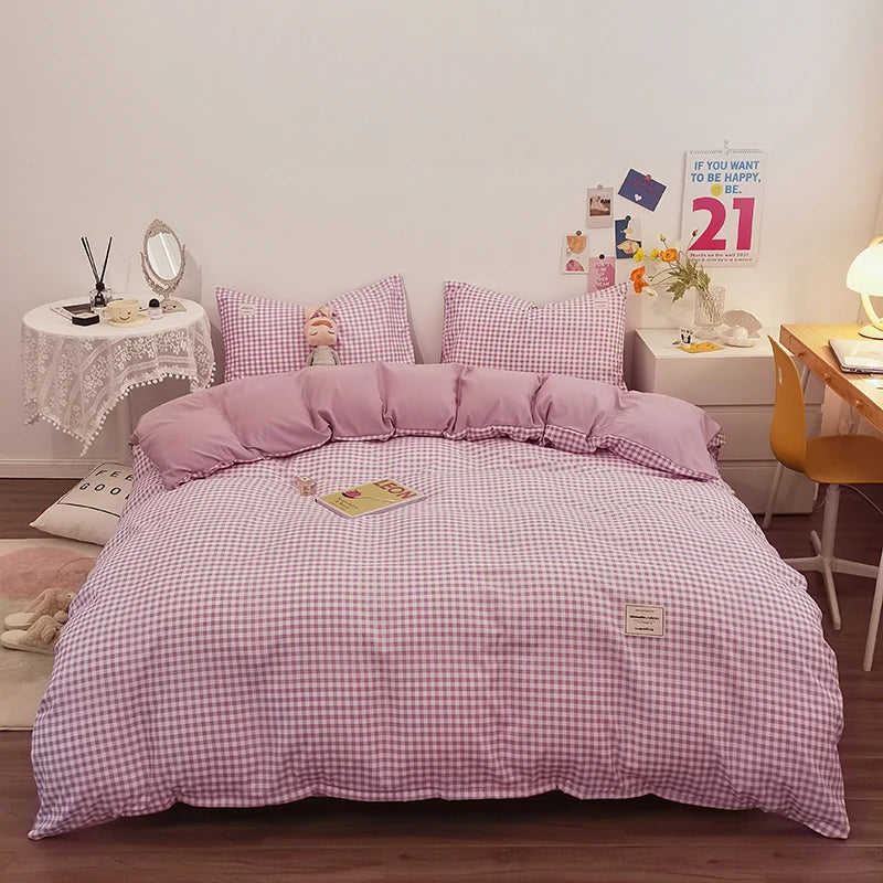 100% Cotton Duvet Cover Set with Plaid Stripe – Breathable & Skin-Friendly