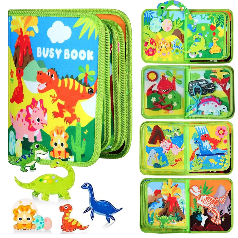 A set of colorful felt busy books featuring animals and nature scenes for toddlers.